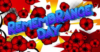 Anma Günü. Hareket posteri, davetiye. Soyut çizgi roman arka planında renk değiştiren 4k animasyon çizgi roman kelime metni. Retro pop sanat tarzı.