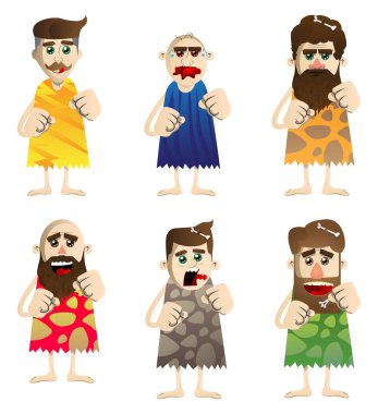 Çizgi film tarih öncesi adamı yumruklarını önünde dövüşmeye hazır olarak tutuyor. Taş devrinden bir adamın vektör illüstrasyonu.