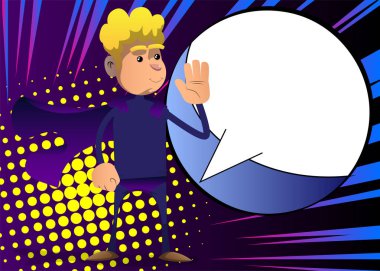 El sallayan süper kahraman gibi giyinmiş komik çizgi film adamı. Vektör illüstrasyonu.