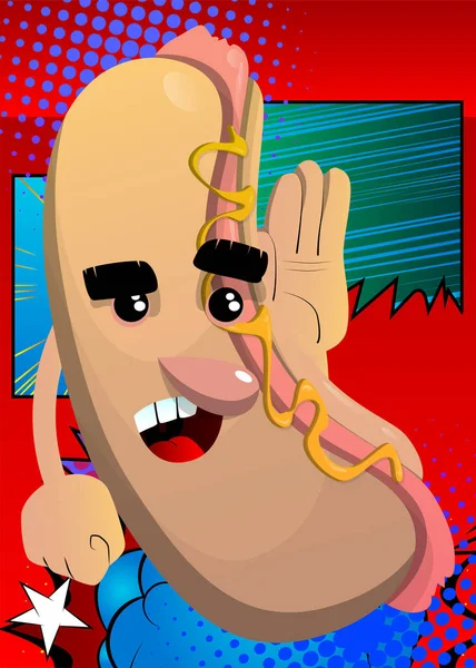 ホットドッグは耳に手をつないで聞いている 顔を持つ漫画のキャラクターとしてアメリカのファーストフード — ストックベクタ