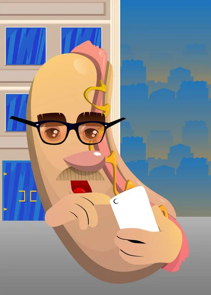 携帯電話を使ってホットドッグ 顔を持つ漫画のキャラクターとしてアメリカのファーストフード — ストックベクタ