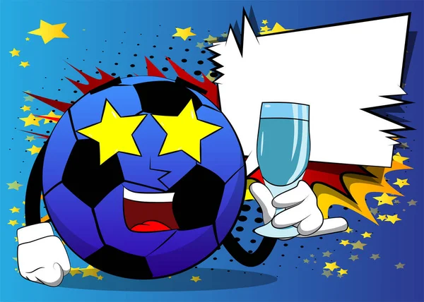 有一杯水的足球 传统足球作为一个卡通人物的脸 — 图库矢量图片