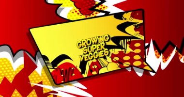 Süper sebzeler yetiştiriyorum. Hareket posteri, davetiye. Soyut çizgi roman arka planında renk değiştiren 4k animasyon çizgi roman kelime metni. Retro pop sanat tarzı.