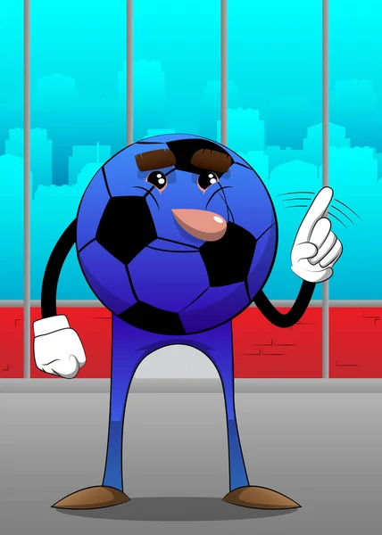 サッカーボールは指でノーと言う 顔を持つ漫画のキャラクターとしての伝統的なサッカーボール — ストックベクタ