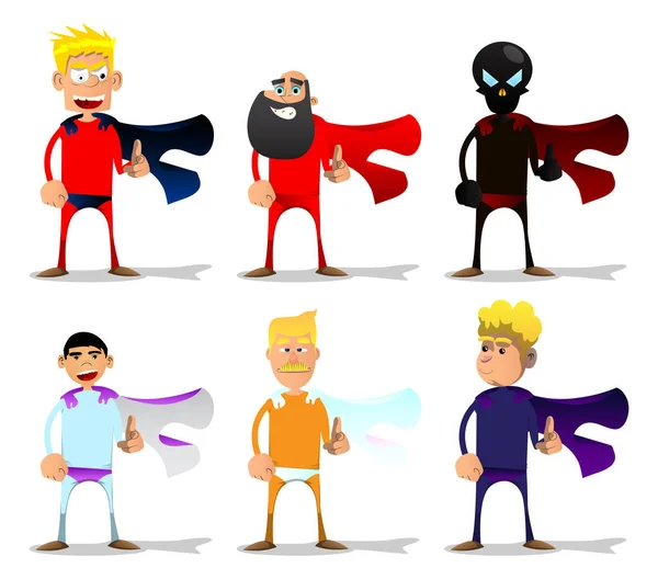 Süper Kahraman Gibi Giyinmiş Komik Karikatür Adamı Eliyle Izleyiciyi Işaret — Stok Vektör