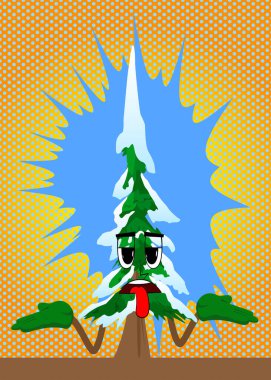 Çizgi filmlerdeki çam ağaçları omuz silkerek jesti anlamazlar. Şirin orman ağaçları. Çam çizgi film karakteri üzerinde kar, komik tatil vektör çizimi.