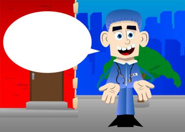 Çizgi film doktorunun iki eliyle bir şey göstermesi ya da ifade etmesi jestten anlamadığı anlamına gelir. Vektör illüstrasyonu.