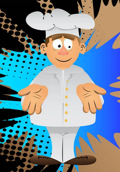 Fat Chef Cartoon Masculino Uniforme Mostrando Algo Com Duas Mãos —  Vetores de Stock