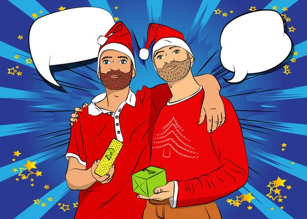 Beau Couple Gay Est Câlin Célébrer Donner Des Boîtes Cadeaux — Image vectorielle
