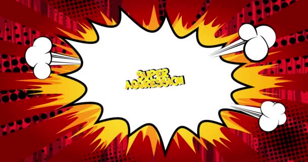 スーパー アグレッション モーションポスター 4Kアニメ化された赤いコミックブックワードテキストは 抽象的な漫画の背景で前後に移動します レトロポップアートスタイル — ストック動画