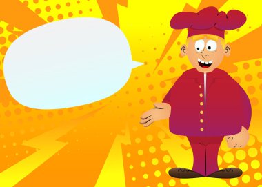 Üniformalı şişman erkek çizgi film şefi yardım ediyor. Vektör çizimi. Seni selamlıyorum..