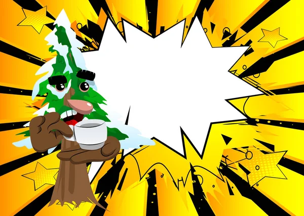 카툰의 소나무는 얼굴에 커피를 있습니다 귀여운 의나무들 솔방울 재미있는 일러스트 — 스톡 벡터