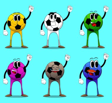 Futbol topu insanlara yumruk hareketi yaptırıyor. Yüzü olan bir çizgi film karakteri olarak geleneksel futbol topu.