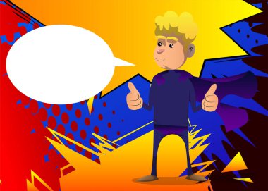 Süper kahraman gibi giyinmiş komik çizgi film adamı iki eliyle baş parmak işareti yapıyor. Vektör illüstrasyonu.