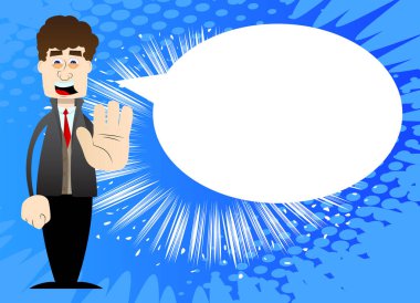 Kış için giyinmiş komik karikatür adam el hareketini reddediyor ya da reddediyor. Vektör illüstrasyonu.