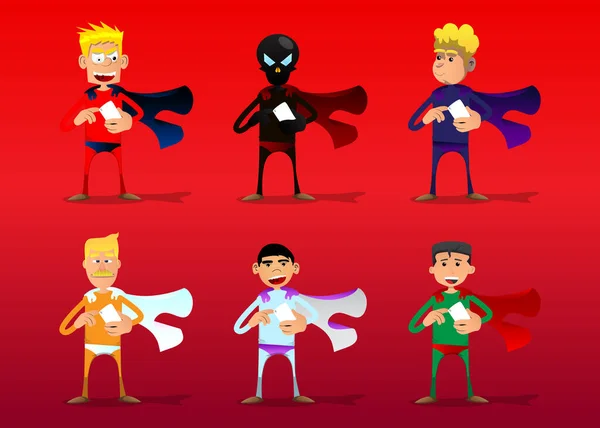 有趣的卡通人物装扮成超级英雄用手机 矢量说明 — 图库矢量图片