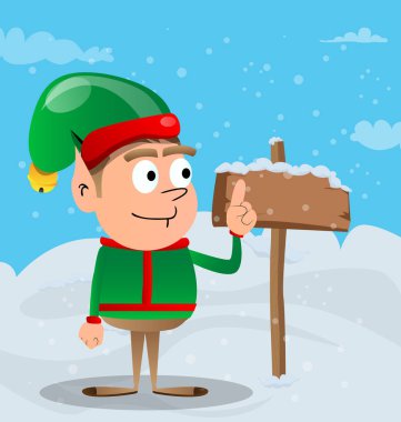 Noel Elfi bir şey anlatmaya çalışıyor. Vektör çizgi film karakteri çizimi Noel Baba 'nın küçük çalışanı, yardımcısı.