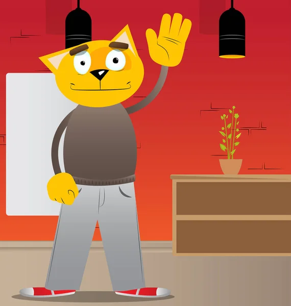 Lustige Cartoon Katze Mit Winkender Hand Vektorillustration Niedliches Orangefarbenes Gelbes — Stockvektor