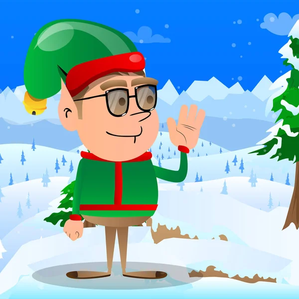 Elfo Natale Con Mano Che Saluta Illustrazione Del Personaggio Dei — Vettoriale Stock