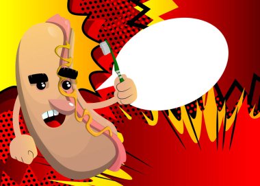 Sosisli sandviç elinde diş fırçası. Çizgi film karakteri olarak Amerikan fast food..