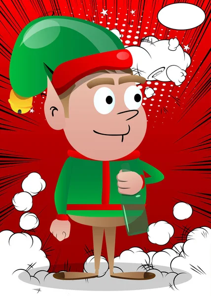 Kerst Elf Met Een Fles Vector Cartoon Karakter Illustratie Van — Stockvector