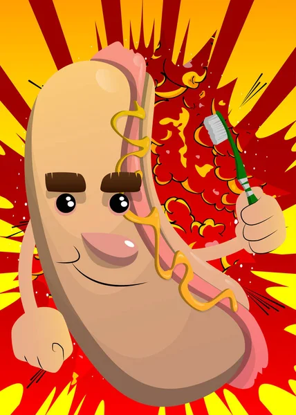 Hot Dog Segurando Escova Dentes American Fast Food Como Personagem — Vetor de Stock