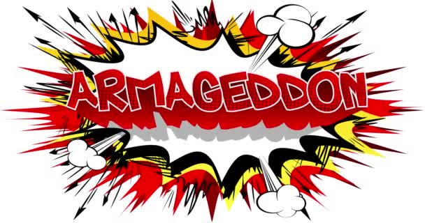 ハルマゲドン モーションポスター 4Kアニメ化された赤いコミックブックワードテキストは 抽象的な漫画の背景で前後に移動します レトロポップアートスタイル — ストック動画