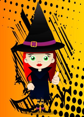 Cadılar Bayramı için giyinmiş bir çocuk baş parmak işareti yapıyor. Vektör çizgi film karakteri. Oyun oynamaya hazır çocukların çizimi..