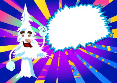 Çizgi filmlerdeki çam ağaçları insanlara yumruk hareketi yaptırıyor. Şirin orman ağaçları. Çam çizgi film karakteri üzerinde kar, komik tatil vektör çizimi.