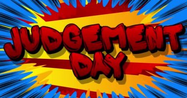 Mahşer Günü. Hareket posteri. Soyut çizgi roman arka planında ileri geri hareket eden 4k animasyon kırmızı çizgi roman kelime metni. Retro pop sanat tarzı.