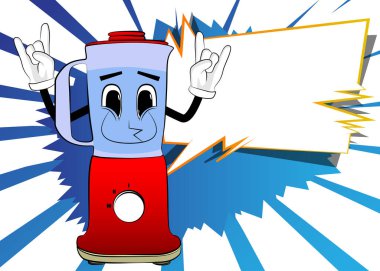 Elleri rockçı olan yiyecek karıştırıcısı yüzü olan bir çizgi film karakteri gibi poz veriyor. Gıda işleme için elektrikli mutfak ekipmanları.