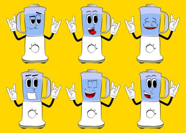 Elleri rockçı olan yiyecek karıştırıcısı yüzü olan bir çizgi film karakteri gibi poz veriyor. Gıda işleme için elektrikli mutfak ekipmanları.