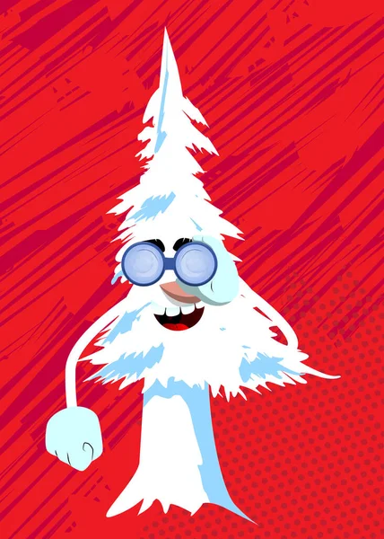 Cartoon Winter Dennen Bomen Met Gezichten Kijken Door Een Verrekijker — Stockvector