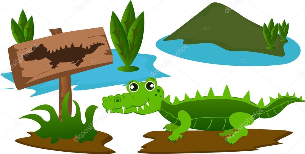 Crocodile in the swamp with warning sign