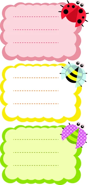 Etiquetas con abeja, insecto punteado y mariquita — Archivo Imágenes Vectoriales