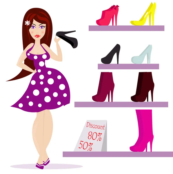 Mujer está vendiendo zapatos — Vector de stock