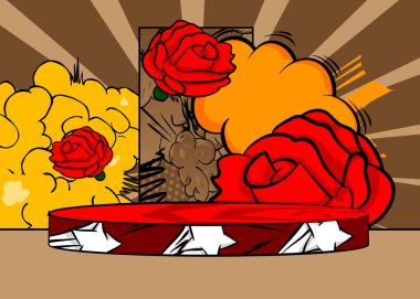 Kırmızı Gül 'ün sunumu için Comic Book Product podyumu. Retro çizgi roman arkaplanı.