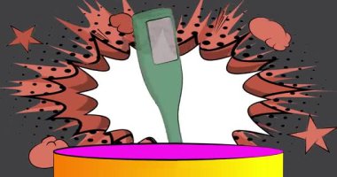 Comic Book Product podium stage animation for presentation with glass bottle. Retro comics background video.