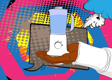 Cartoon, comic book human hands holding Food Blender. Retro vector comics pop art design.