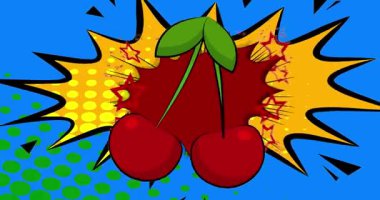Kiraz çizgi filmi, çizgi roman Sweet Food videosu. Retro çizgi roman pop sanat tasarımı animasyonu.