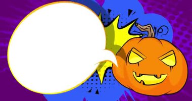 Boş konuşma balonlu çizgi film Cadılar Bayramı kabağı, çizgi roman Jack-O-Lantern videosu. Retro çizgi roman pop sanat animasyonu.