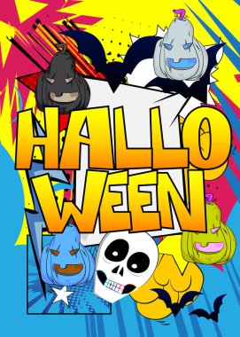 Modern yaratıcı pop sanatı enerjik çizgi roman tarzı Cadılar Bayramı posteri. Çizgi film tasarımı Tatil Kutlaması Daveti, poster.