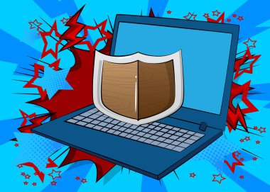 Çizgi dizüstü bilgisayar, Shield ile çizgi roman defteri. Retro vektör çizgi romanları pop sanat tasarımı.