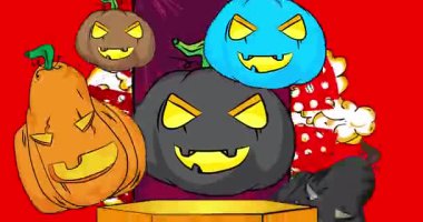 Comic Book Product sahne animasyonu. Cadılar Bayramı balkabağı sunumu için. Retro çizgi roman arkaplan videosu.