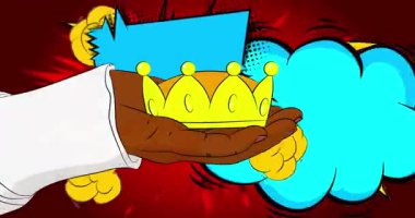 Çizgi film, çizgi roman insan eli Crown 'u tutuyor. Retro video, çizgi roman pop sanat animasyonu.