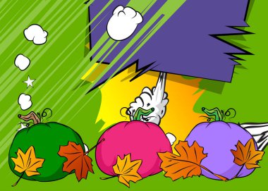 Karikatür Şükran Günü balkabağı ve güz yaprakları, çizgi roman tatili. Retro vektör çizgi romanları pop sanat tasarımı.