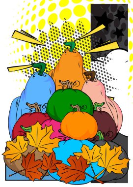 Karikatür Şükran Günü balkabağı ve güz yaprakları, çizgi roman tatili. Retro vektör çizgi romanları pop sanat tasarımı.