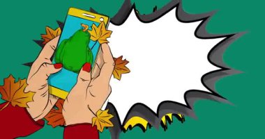 Çizgi film Smartphone, Şükran Günü balkabağı ve güz yapraklı çizgi roman telefonu. Retro animasyon, çizgi roman pop sanat videosu.