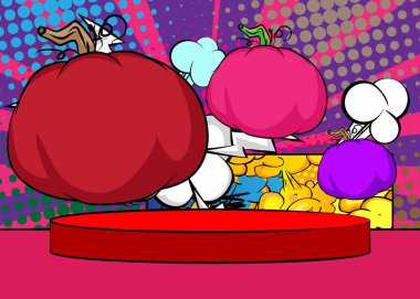 Çizgi roman ürünleri podyumu Şükran Günü balkabağı ve sonbahar yaprakları sunumu için. Retro çizgi roman arkaplanı.