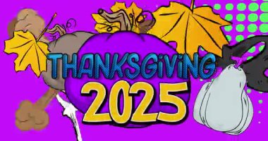 Çizgi roman, pop sanatı 2025 Şükran Günü balkabağı ve sonbahar yapraklarıyla baloncuğu süsledi. Çizgi roman hareketi grafikleri.